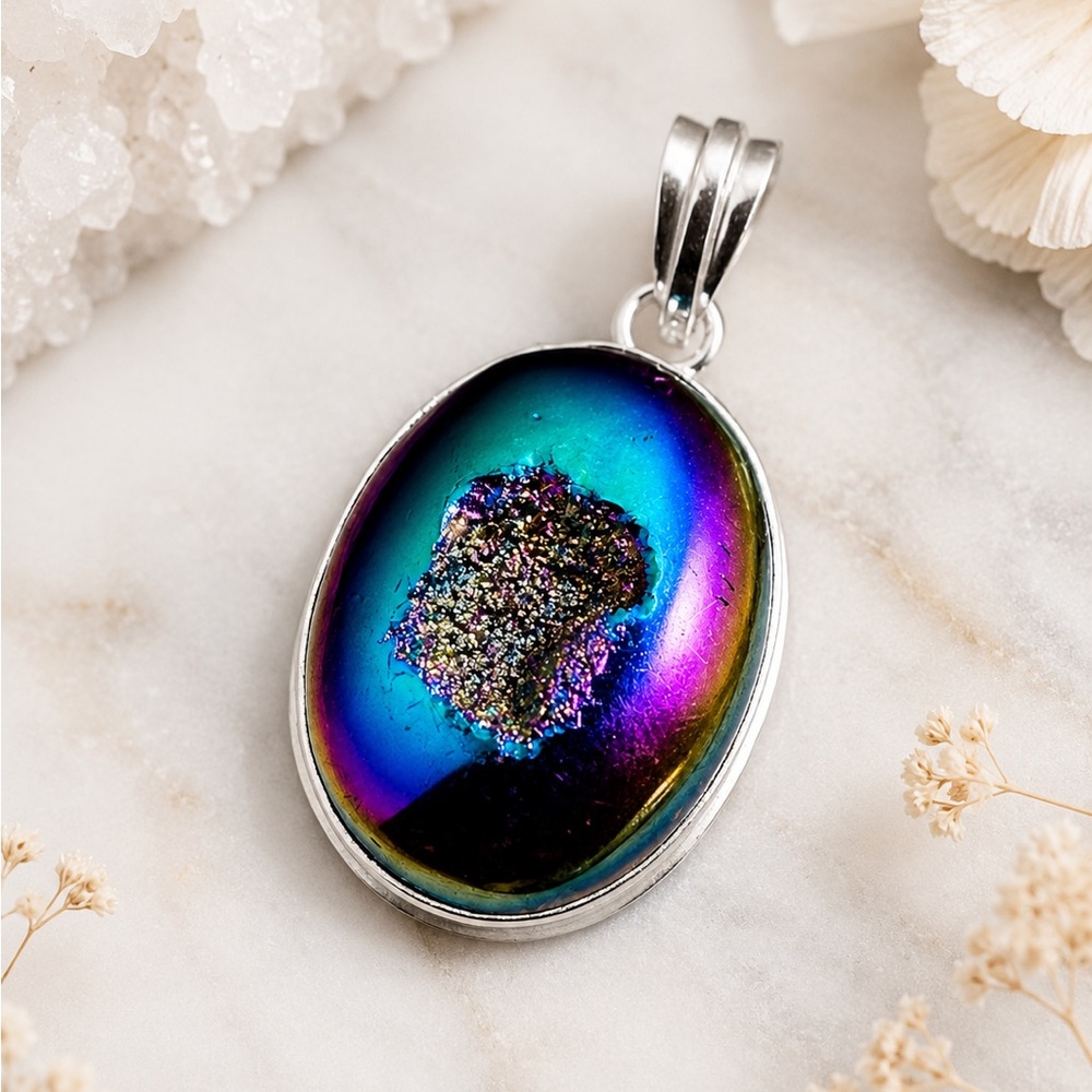 Artisan Handcrafted Jewelry RAINBOW 🌈 HEMATITE iridescent Druzy Pendant